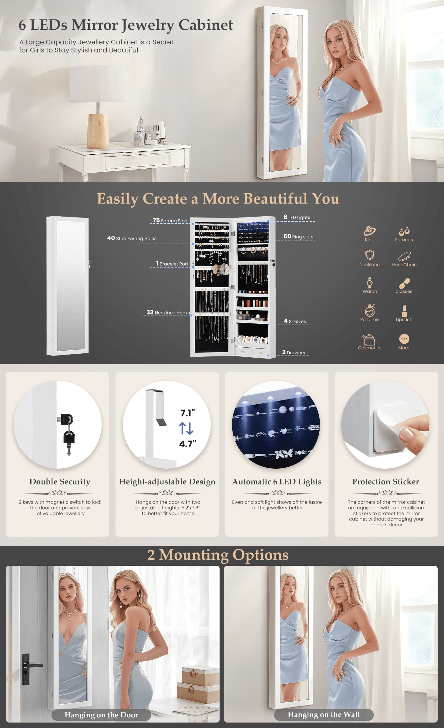 Amazon.com: DUMOS 6 LEDs Mirror Jewelry Cabinet: A+ Premium