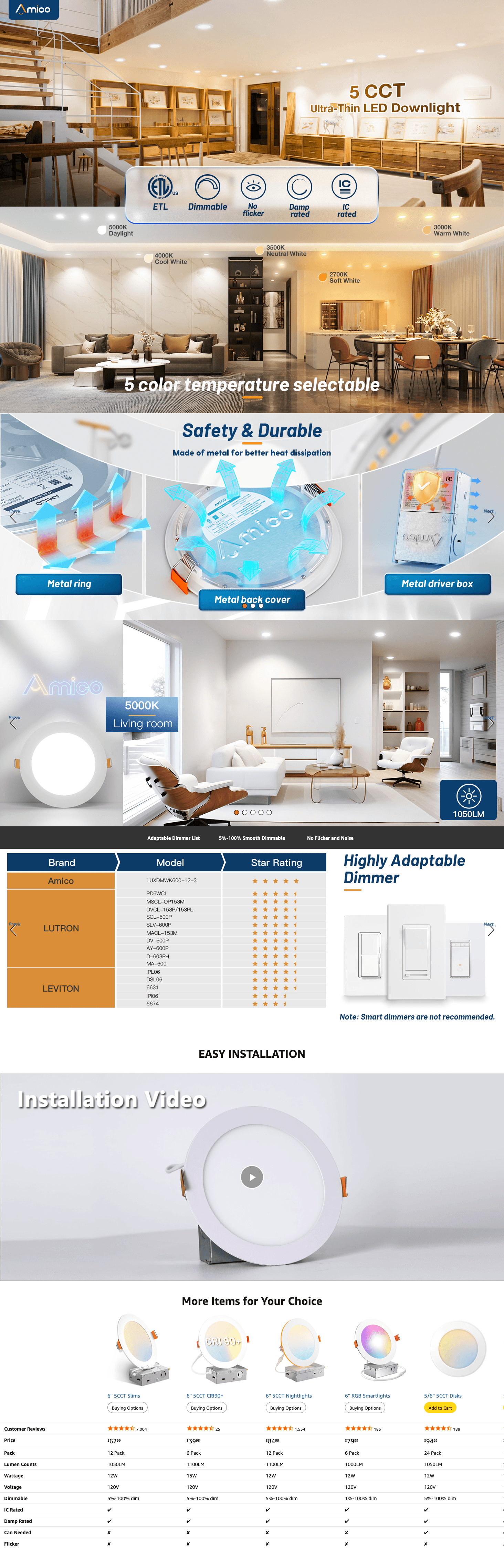 Amico 12 Pack 6 Inch 5CCT Ultra-Thin LED Recessed Ceiling Light with Junction Box: A+ Premium