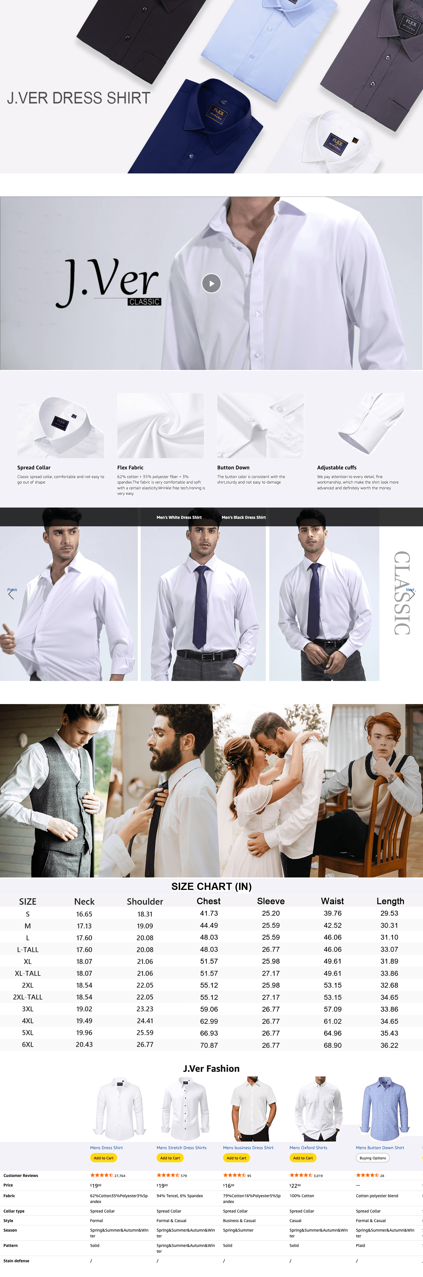 Amazon.com: J.VER Men's Dress Shirts Solid Long Sleeve Stretch Wrinkle-Free Formal Shirt…: A+ Premium