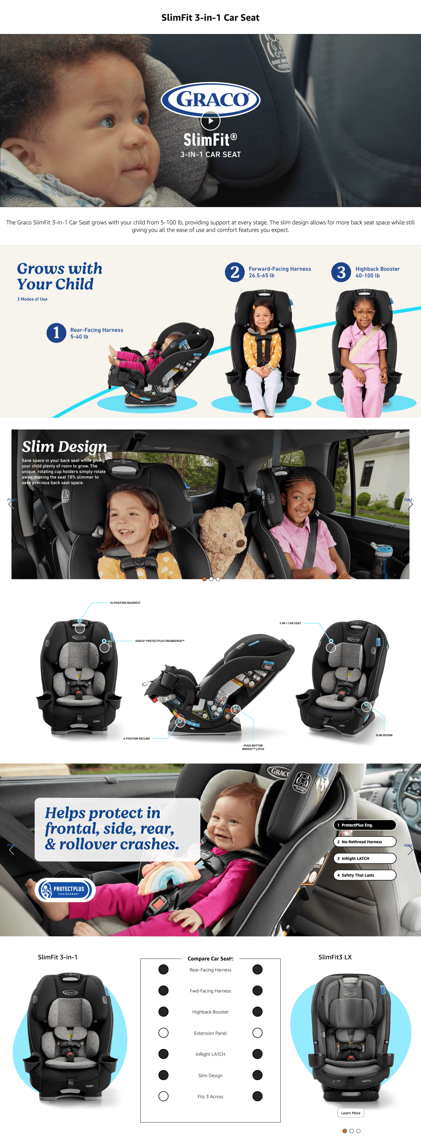 Amazon.com: Graco Slimfit 3 in 1 Convertible Car Seat Slim & Comfy Design Saves Space in…: A+ Premium