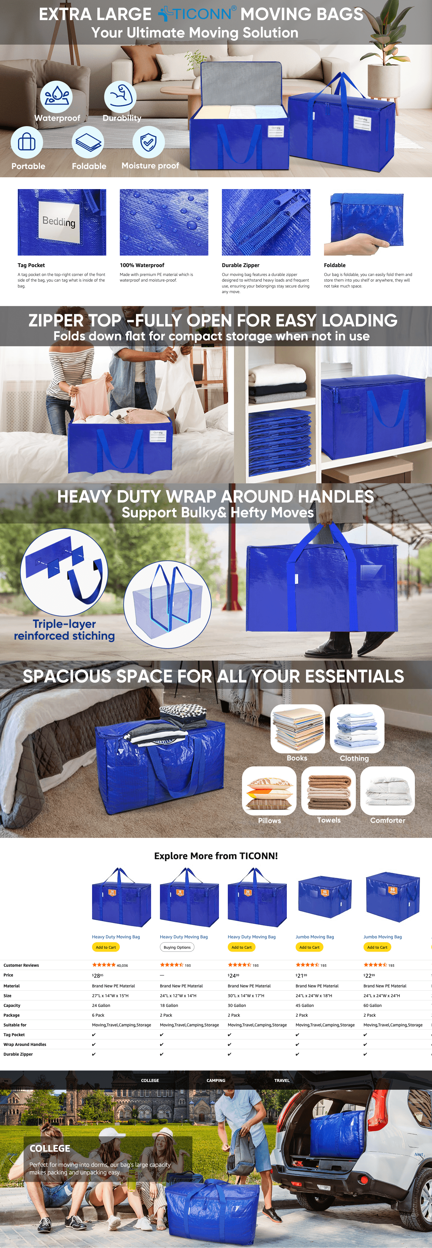 A+ Premium for Amazon.com: TICONN 6 Pack Extra Large Moving Bags with Zippers & Carrying Handles