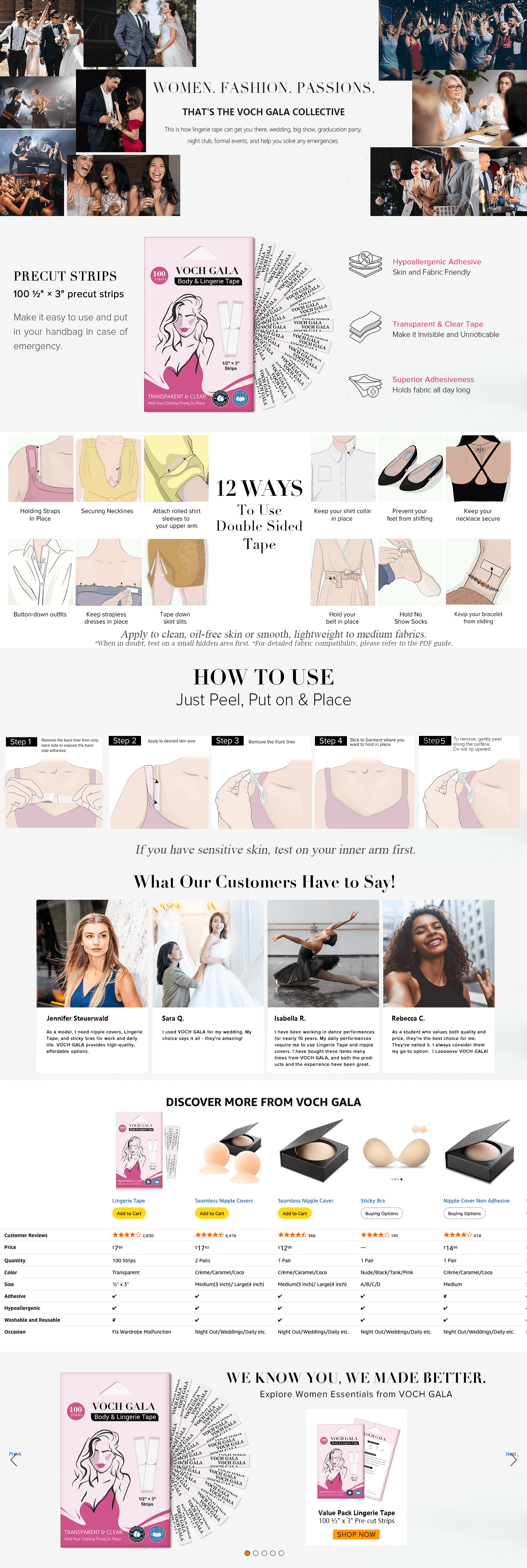 Amazon.com: VOCH GALA 100 Strips Double Sided Tape for Fashion and Clothes: A+ Premium
