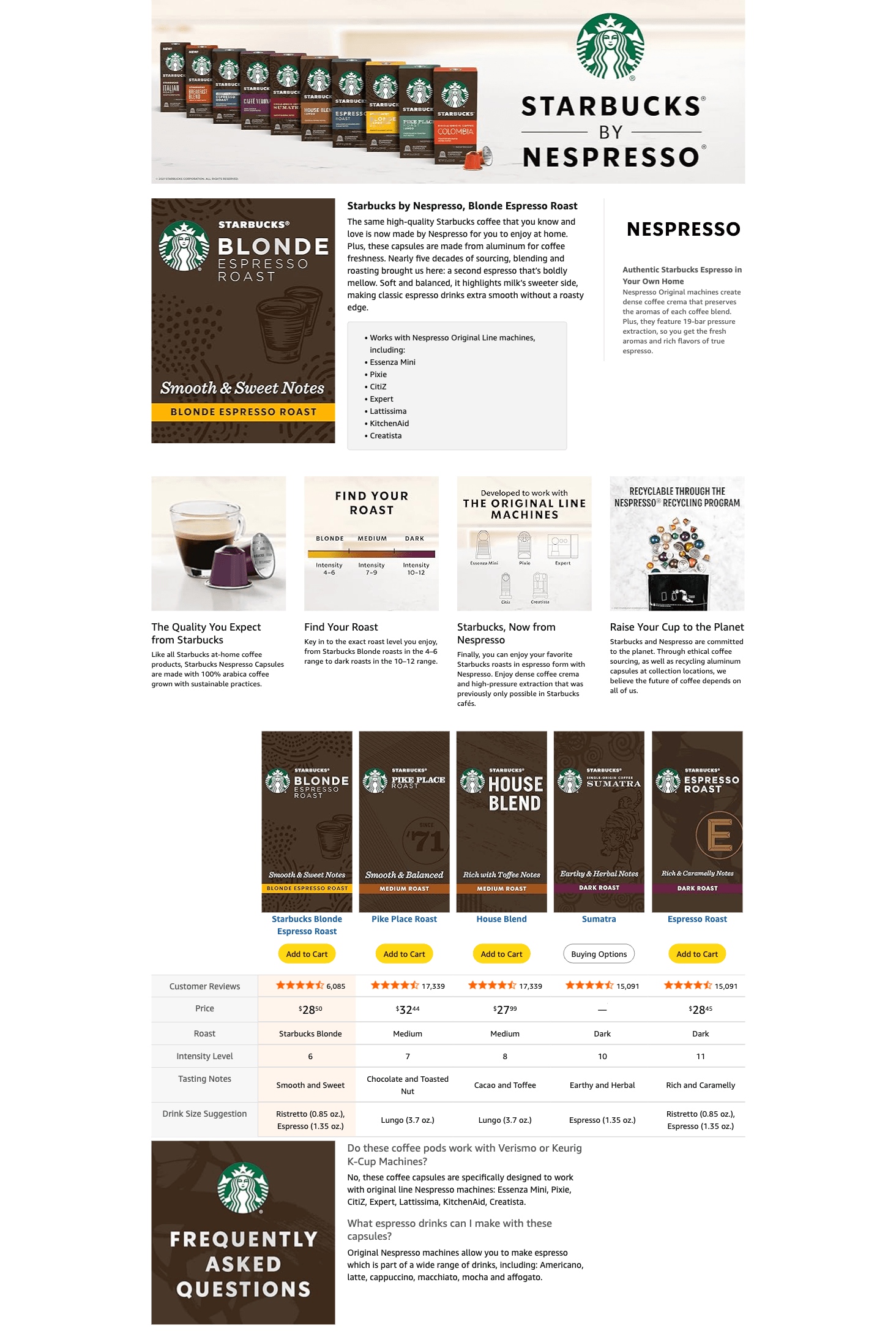 A+ Premium for Amazon.com: Starbucks by Nespresso Original Line Blonde Roast Espresso 50-count Espresso…