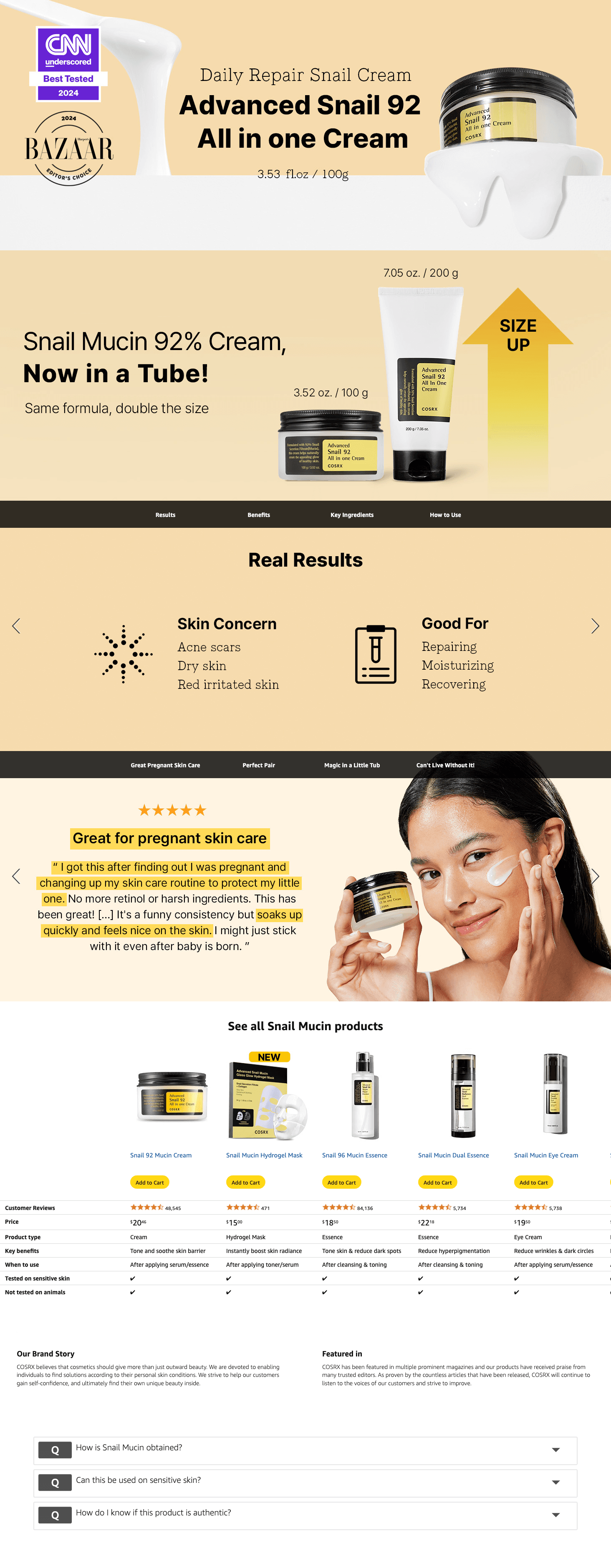 Amazon.com: COSRX Snail Mucin 92% Face Moisturizer: A+ Premium