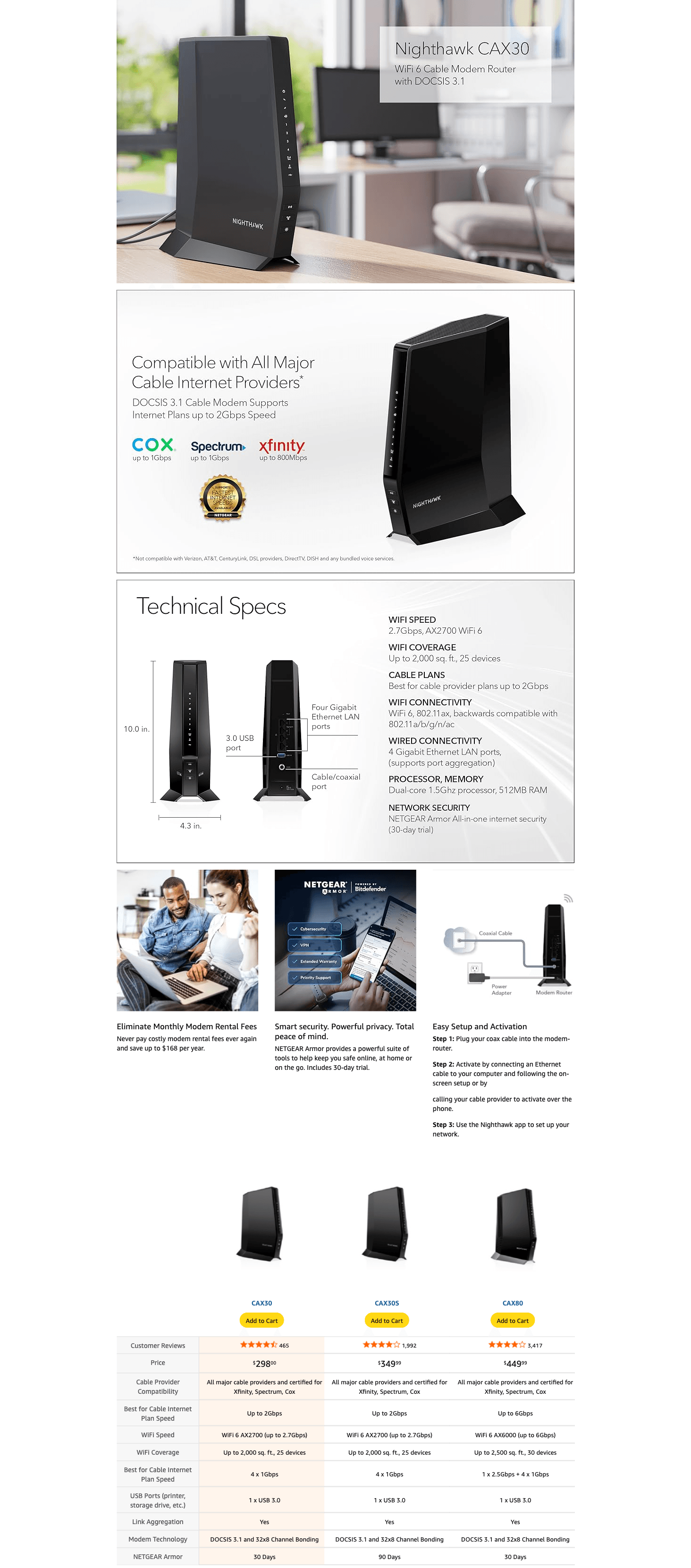 Amazon.com: NETGEAR Nighthawk Modem Router Combo (CAX30) DOCSIS 3.1 Cable Modem and WiFi…: A+ Premium