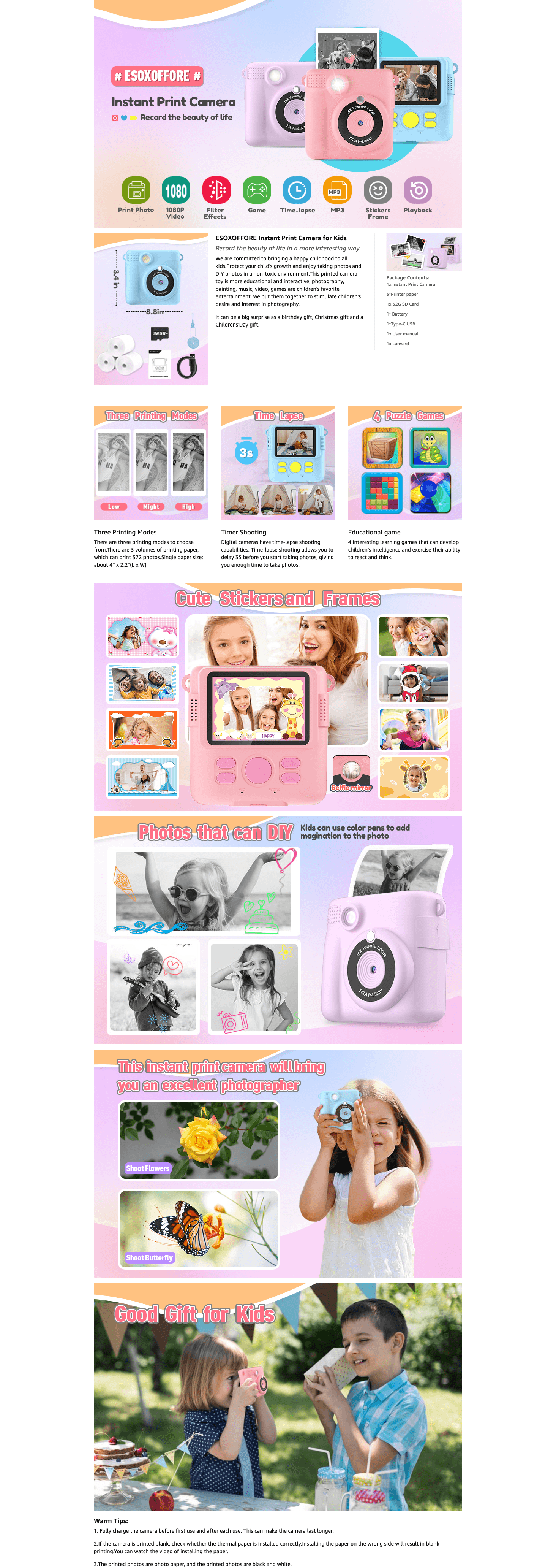 Amazon.com: ESOXOFFORE Instant Print Camera for Kids: A+ Premium