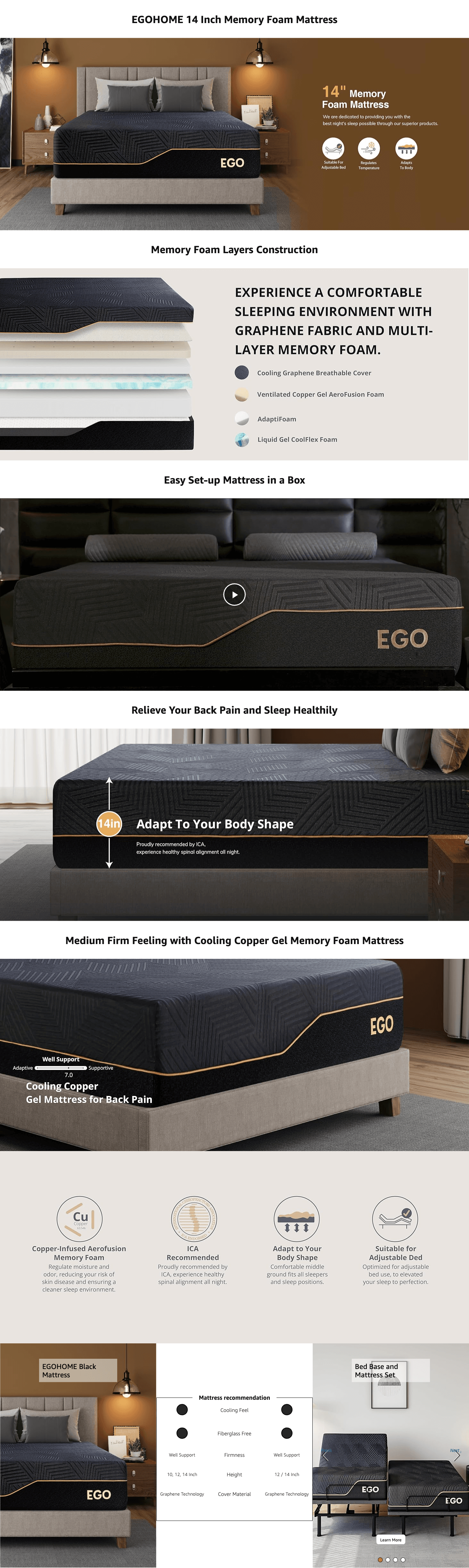 Amazon.com: EGOHOME 14 Inch King Size Memory Foam Mattress for Back Pain: A+ Premium