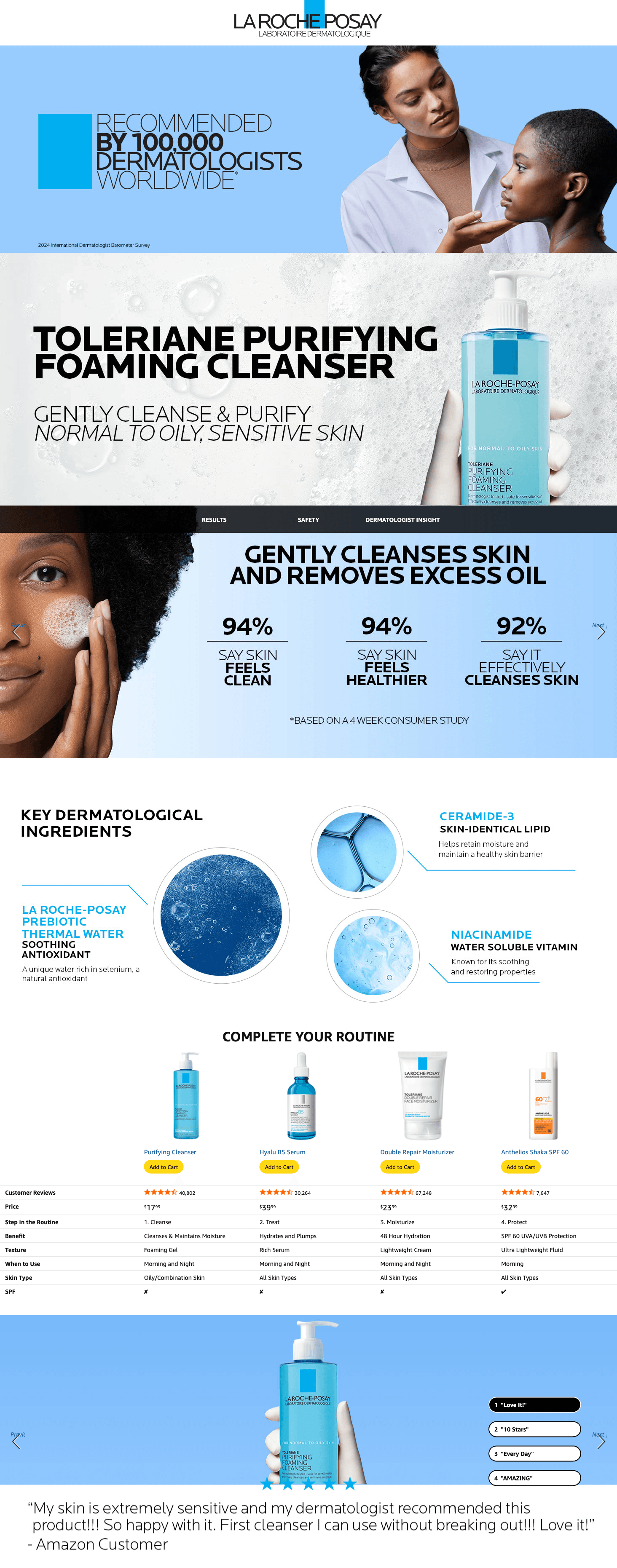 A+ Premium for Amazon.com: La Roche-Posay Toleriane Purifying Foaming Facial Cleanser