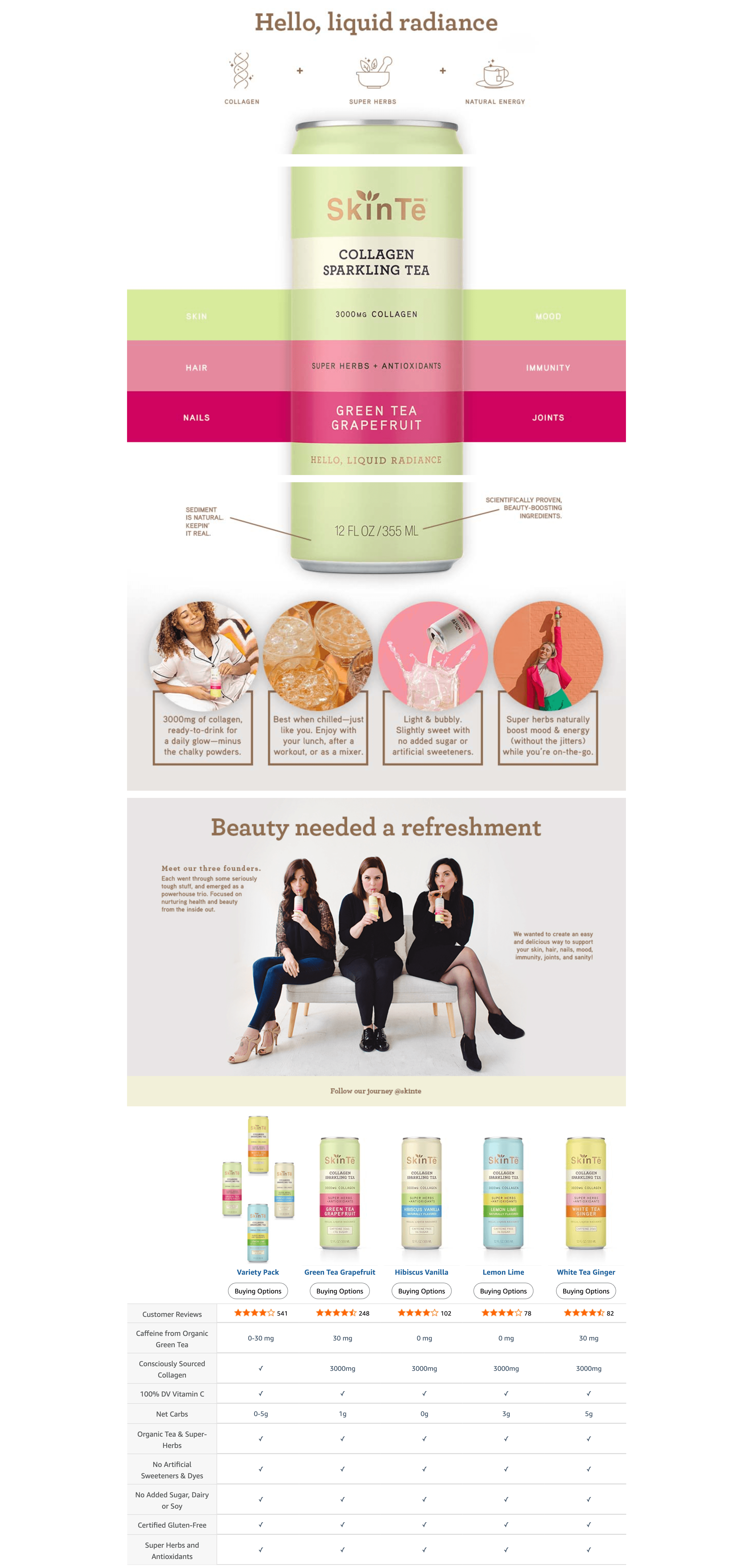 Amazon.com : SKINTE Collagen Sparkling Tea Organic Green Tea with Grapefruit: A+ Premium
