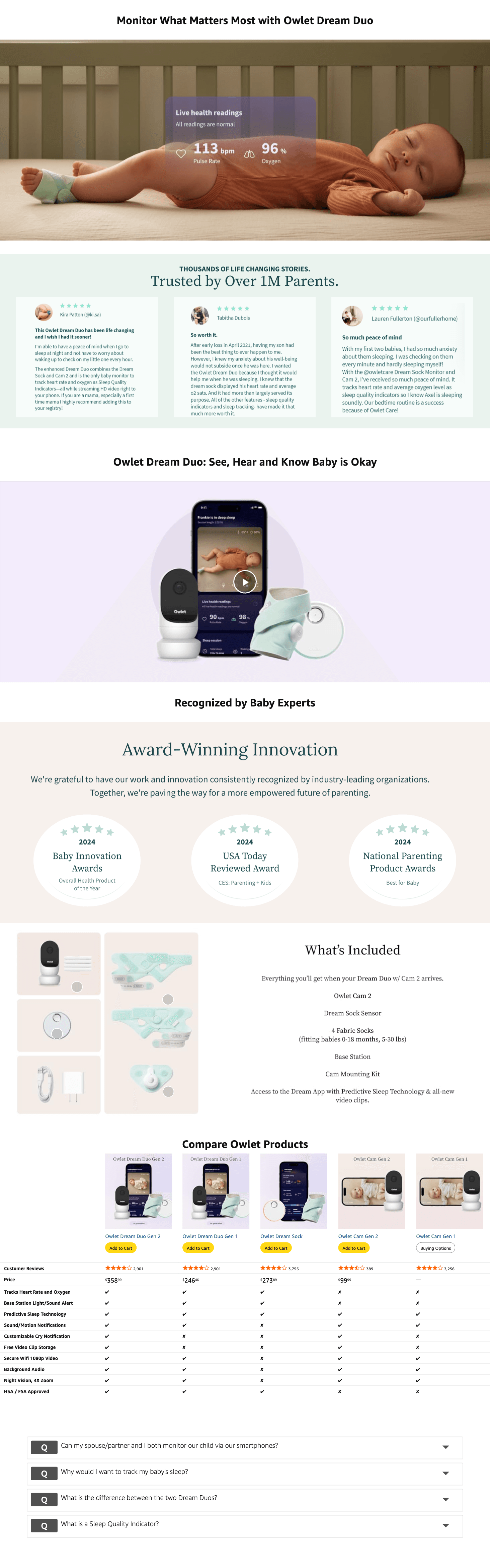 Amazon.com: Owlet® Dream Duo Smart Baby Monitor: FDA-Cleared Dream Sock® Plus Owlet Cam…: A+ Premium