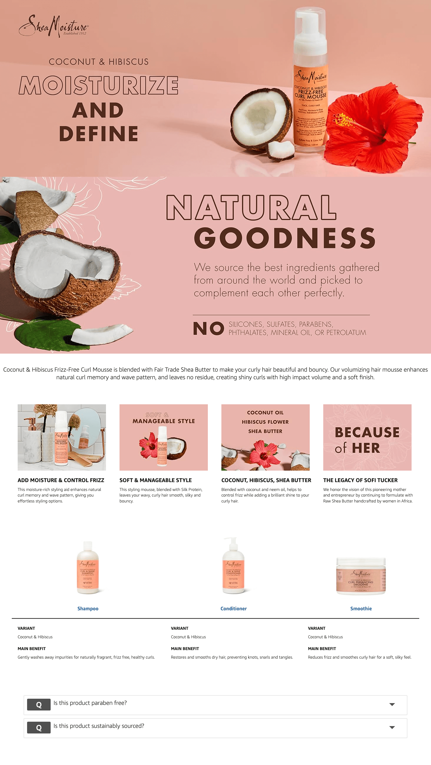 A+ Premium for Amazon.com: Shea Moisture Curl Mousse Coconut and Hibiscus for Frizz Control Styling…