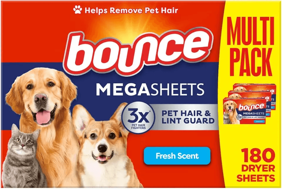 Bounce Pet Hair and Lint Guard Mega Fabric Softener Dryer Sheets with 3X Pet Hair Fighters: Hero Images