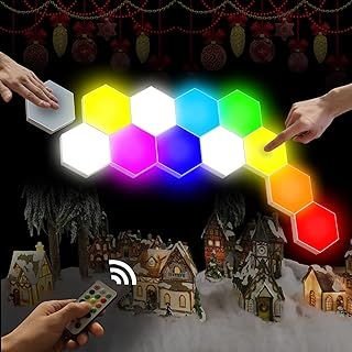 Demonstrates the product in a real-world holiday setting to show how the modular LED lights can be arranged and used as decorative ambient lighting with remote control functionality.