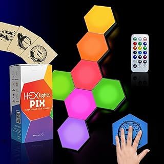 Shows the buyer exactly what is included in the purchase: the hexagonal light panels, remote control, product packaging, and installation accessories.
