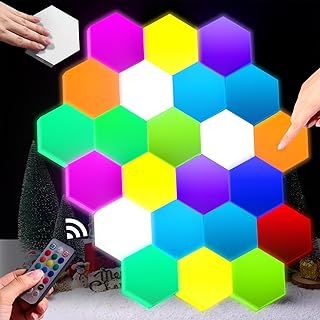 Shows the core product - a set of colorful hexagonal LED light panels that can be arranged in custom patterns - to help shoppers identify what is being sold. Displays all included components in the…