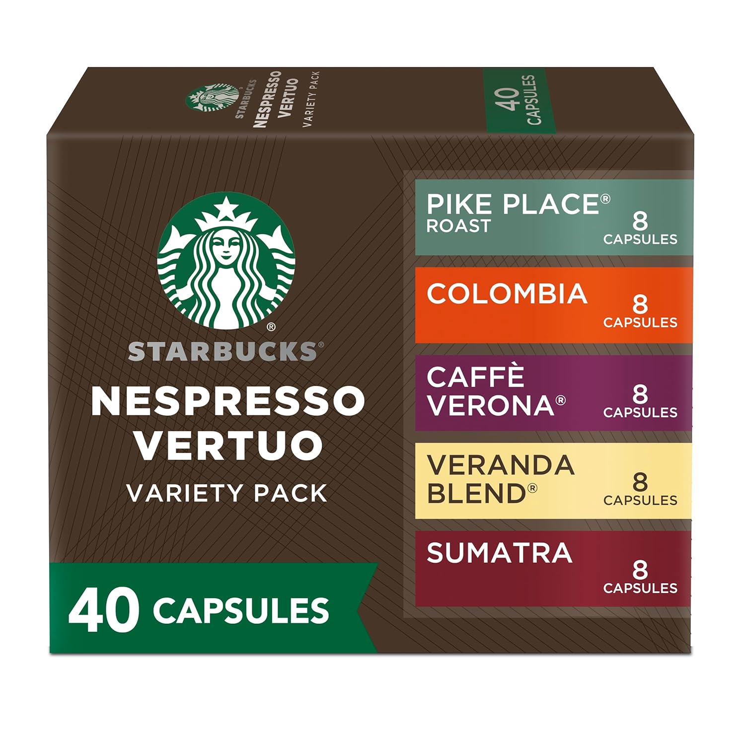 Showcases the product packaging and highlights the variety of coffee flavors available in one convenient box.
