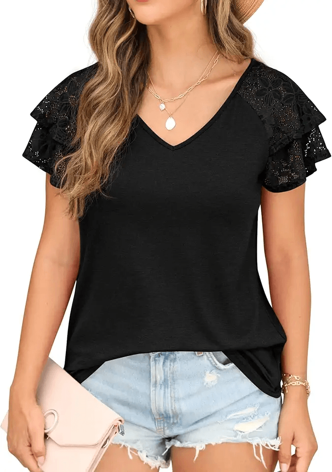 QIXING Women's Summer Blouses Double Lace Ruffle Short Sleeve V Neck Tops Loose Casual…: Hero Images