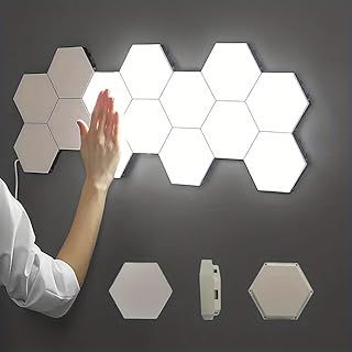 Shows the customer all the hexagonal light panels and mounting hardware included in the purchase, demonstrating what they will receive in the box.