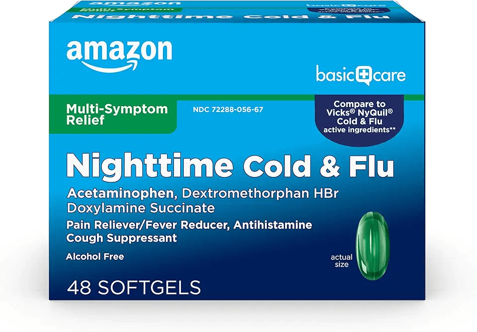 Amazon Basic Care Nighttime Cold and Flu Relief Softgels: Hero Images
