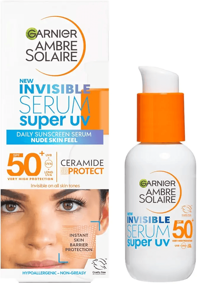 Garnier Ambre Solaire SPF 50+ Super UV Invisible Serum Moisturiser for Face: Hero Images