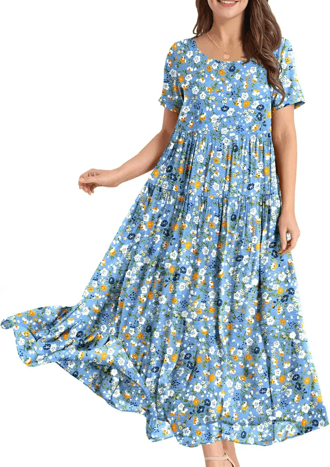 YESNO Women Dresses Casual Plus Size Bohemian Short Sleeve Floral Long Maxi Summer Beach…: Hero Images