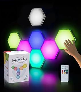 Shows the hexagonal LED lights alongside the branded retail box and remote control to communicate what is included in the purchase and convey professionalism and brand identity.
