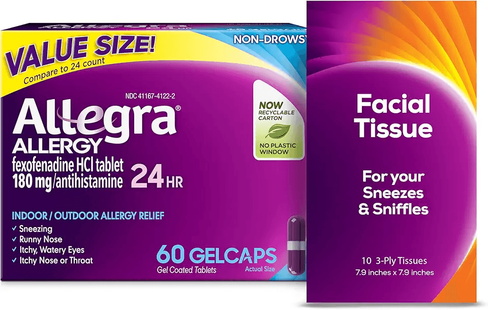 Allegra Adult 24-Hour Allergy Relief Gelcaps with Bonus Tissue Pack: Hero Images