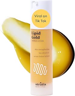 Showcases the product's golden liquid texture alongside its packaging to highlight its premium quality and viral popularity on TikTok.