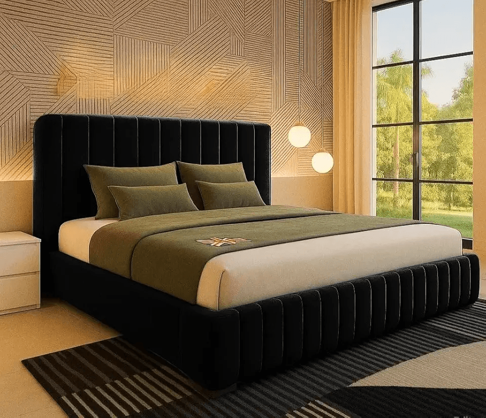 S&W DECORE Upholstered Bed Frame With Headboard And Footboard In Plush Velvet (Black Plush: Hero Images