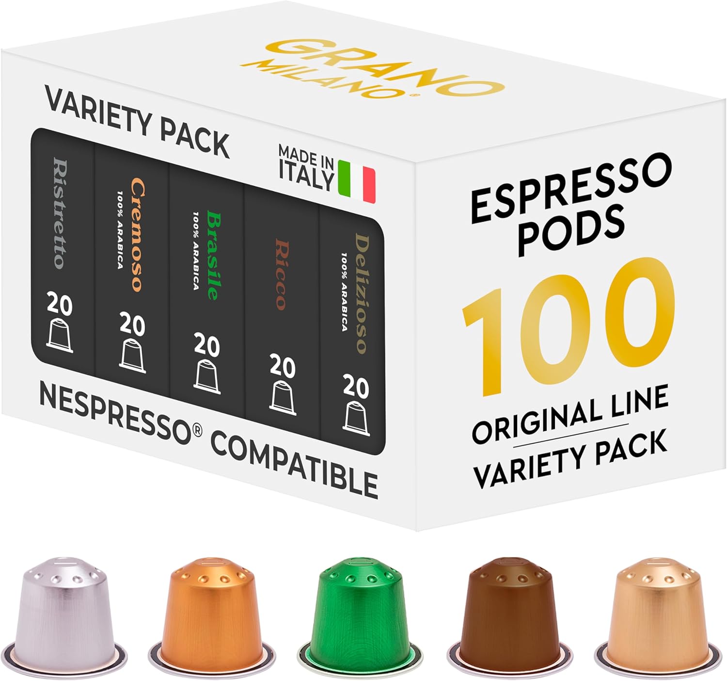 Showcases the product packaging and highlights the variety of flavors available in a single purchase, emphasizing Nespresso compatibility.