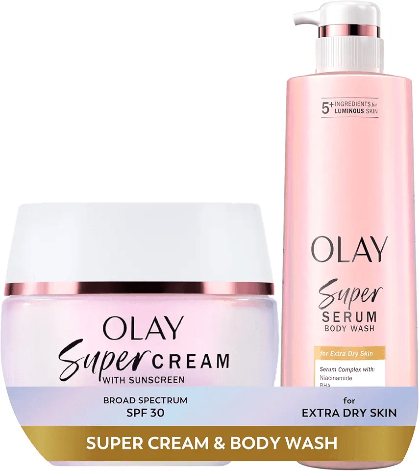 Olay Super Cream with Sunscreen SPF 30 (1.7 oz) + Body Wash for Extra Dry Skin (18.5 oz): Hero Images