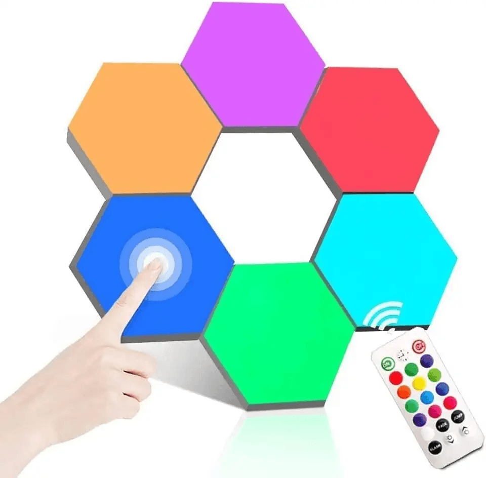 Shows the complete product package including the modular hexagonal light panels and the remote control, demonstrating what the buyer will receive and how the product can be controlled.