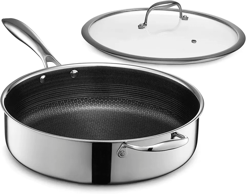 HexClad Hybrid Nonstick 5.5-Quart Deep Sauté Pan with Tempered Glass Lid: Hero Images