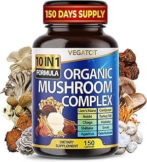 Displays the product bottle alongside various mushroom ingredients to highlight the organic mushroom complex formula. Uses text overlay to emphasize product features and illustrates mushroom…
