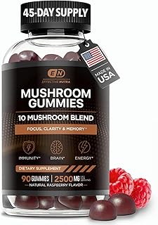Showcases the retail packaging and highlights the mushroom blend ingredients of the supplement product.