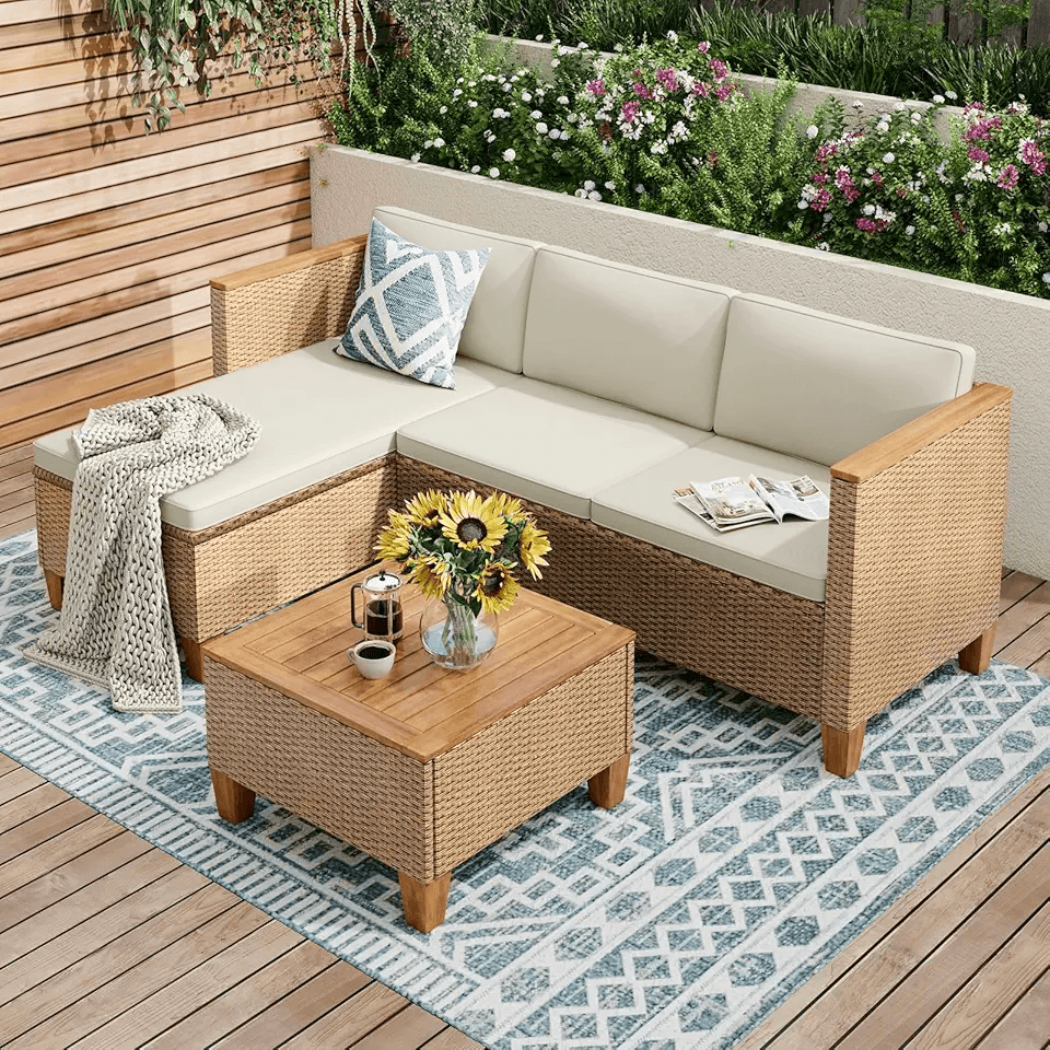 PHI VILLA Rattan Garden Furniture 3 Pieces with Outdoor Coffee Table: Hero Images