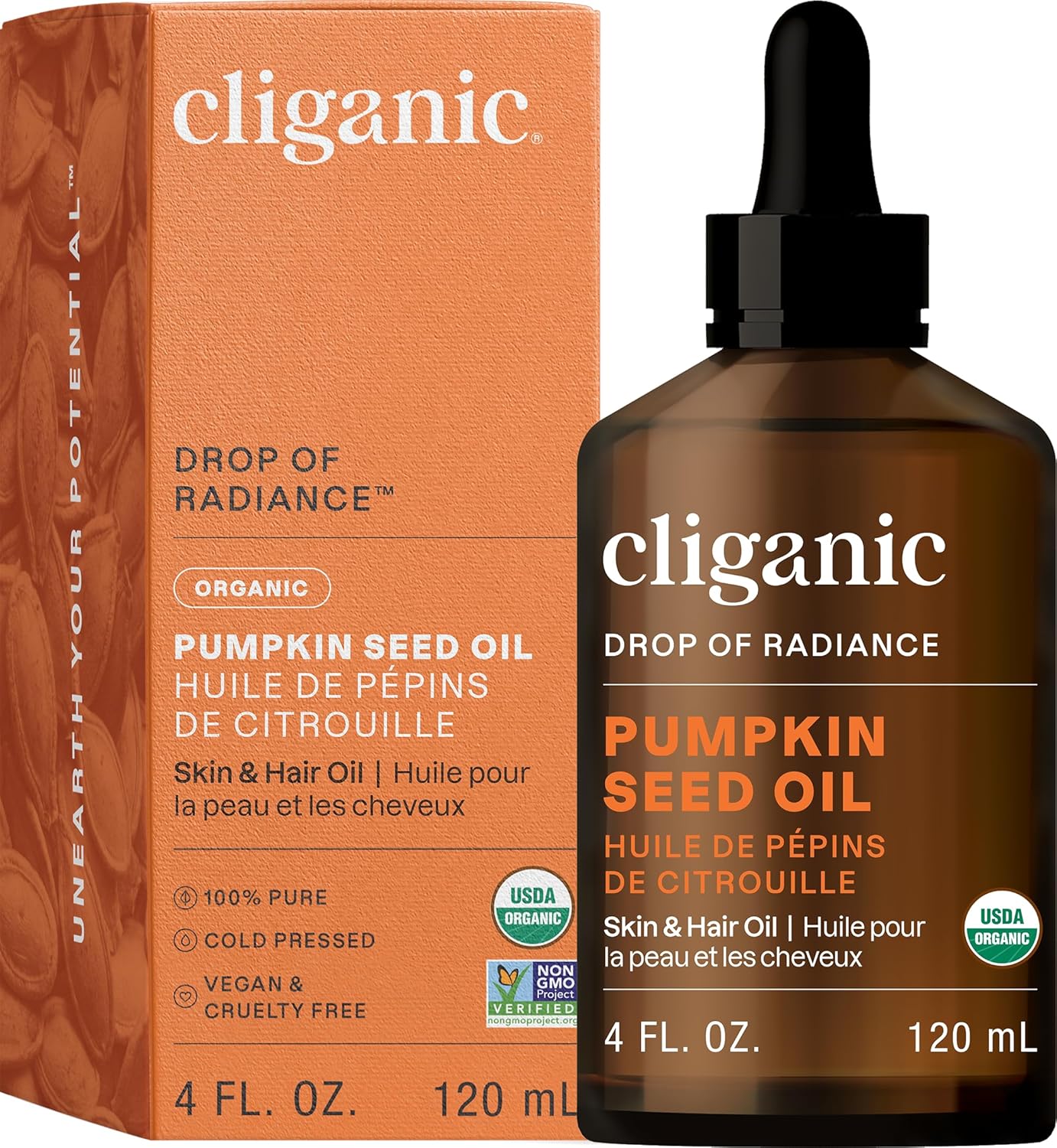 Showcases the product packaging and bottle to highlight the organic, cold-pressed, vegan and cruelty-free nature of the pumpkin seed oil.