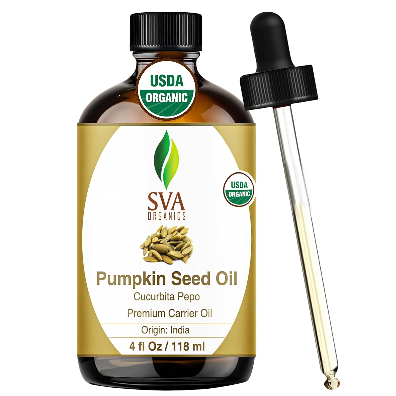 Showcases the product packaging and branding while highlighting the USDA organic certification and premium quality of the pumpkin seed oil.