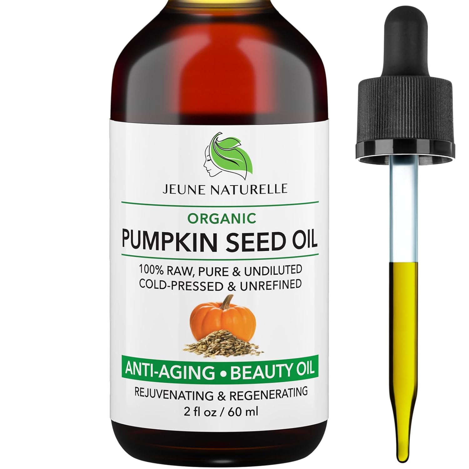 Showcases the product packaging and branding while highlighting key features like being organic, cold-pressed, and promoting anti-aging benefits.