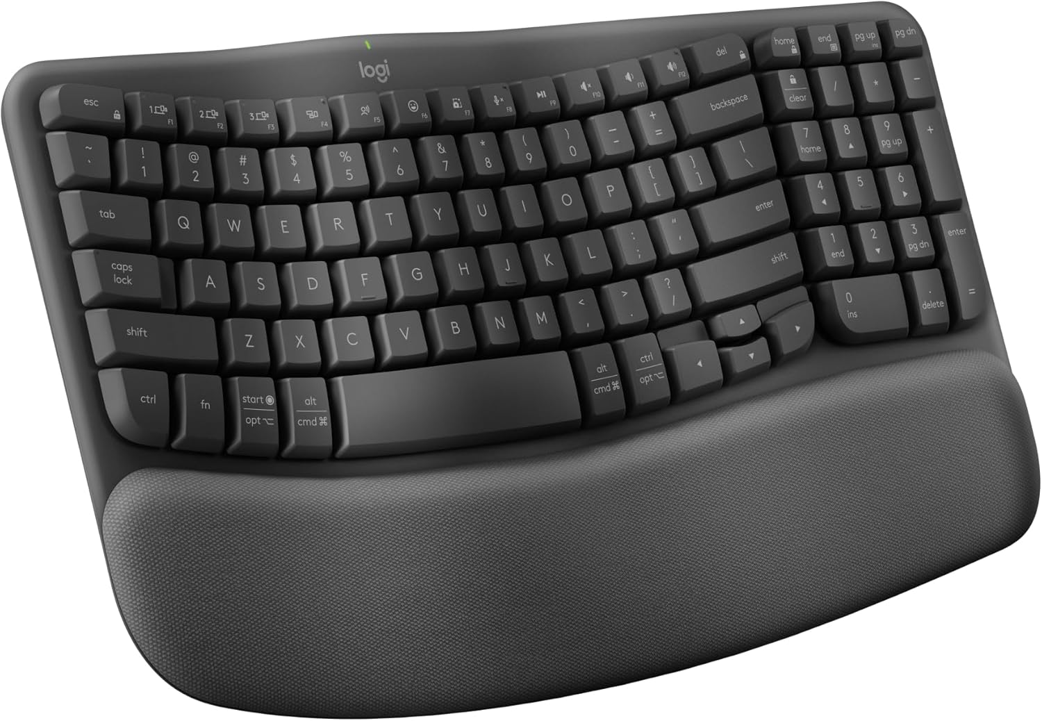 Showcases the keyboard's ergonomic design with a wrist rest for comfortable typing.