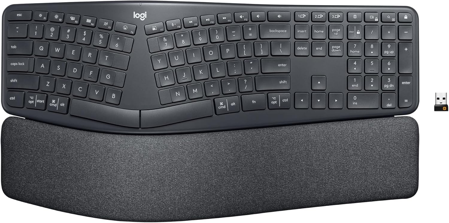 Showcases the full keyboard layout and included wrist rest to highlight the product's ergonomic design and comfort features.