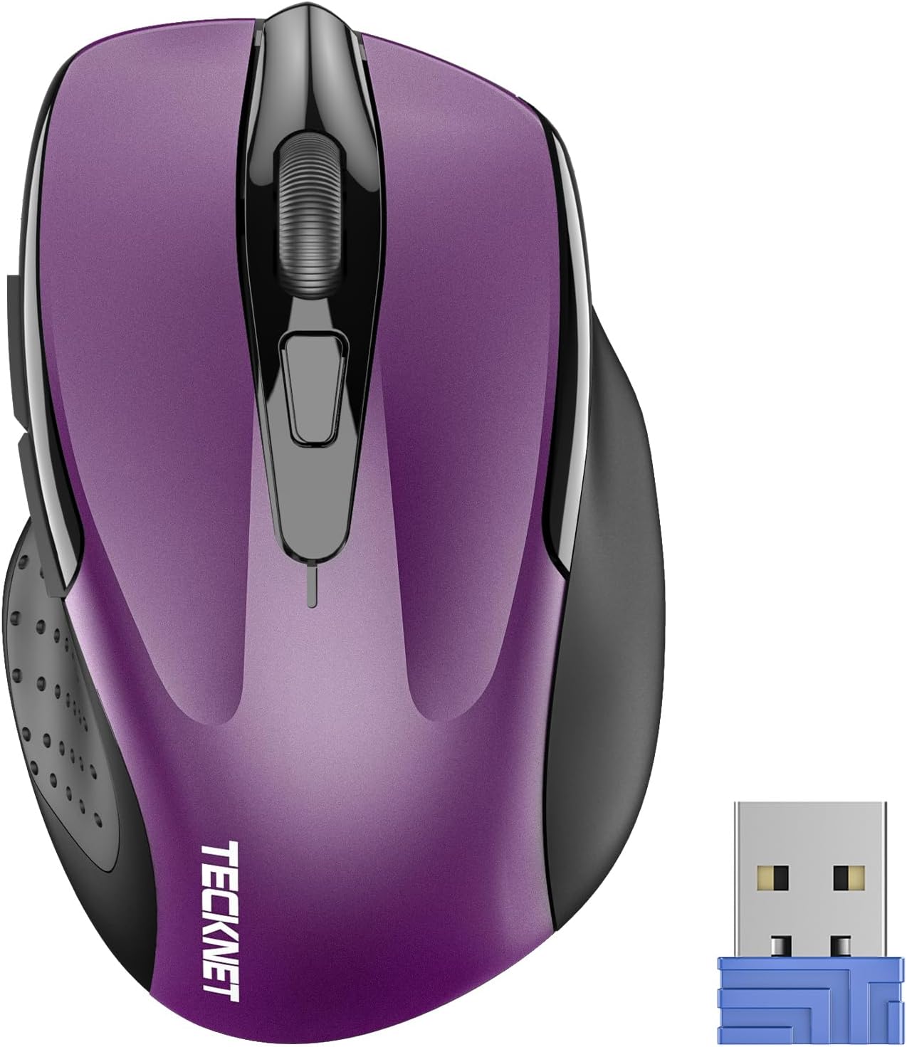 Showcases the wireless computer mouse itself on a clean background, highlighting its ergonomic shape and design for comfortable use.