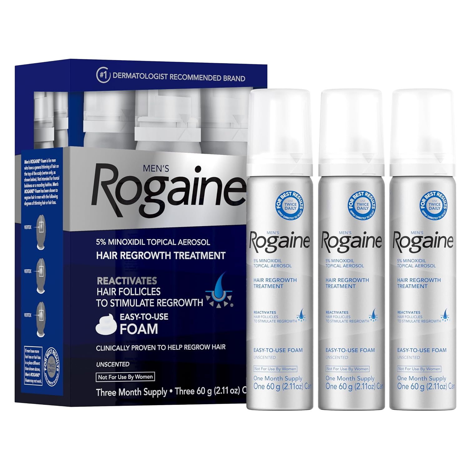 Showcases the full 3-month supply package and highlights the easy-to-use foam application for hair regrowth treatment.