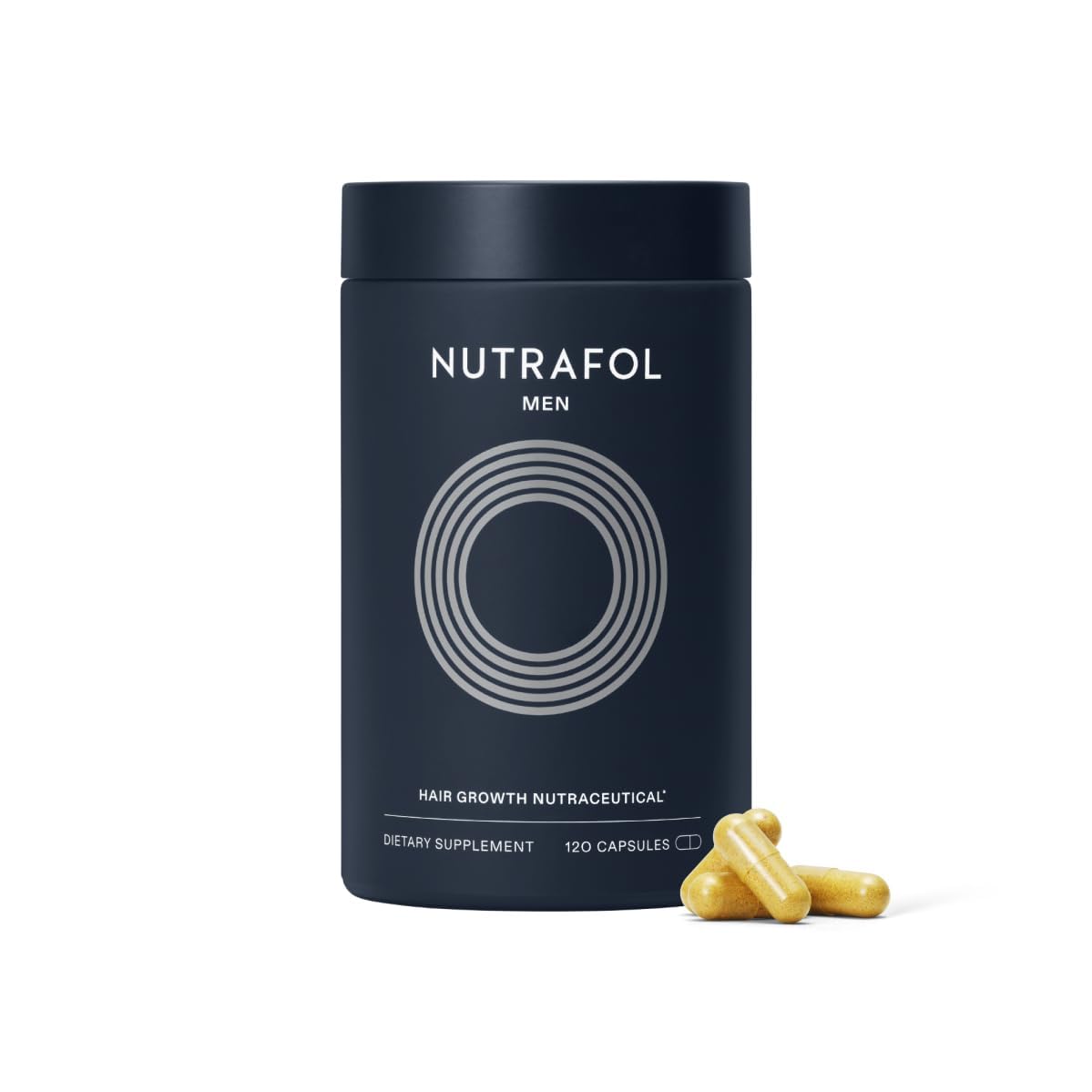 Showcases the product packaging and highlights that it is a dietary supplement for hair growth.