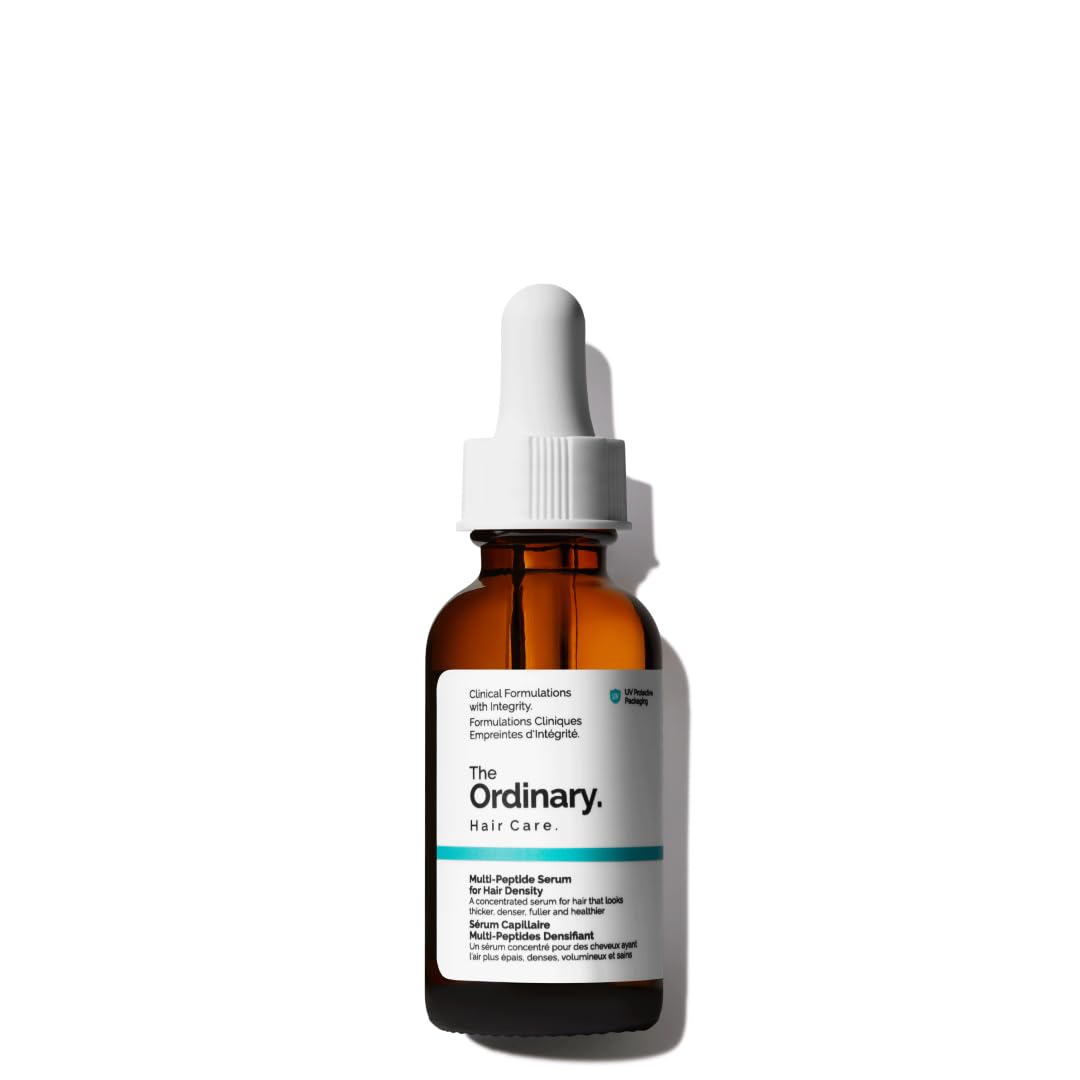 Showcases the product packaging and branding for a hair care serum from The Ordinary.