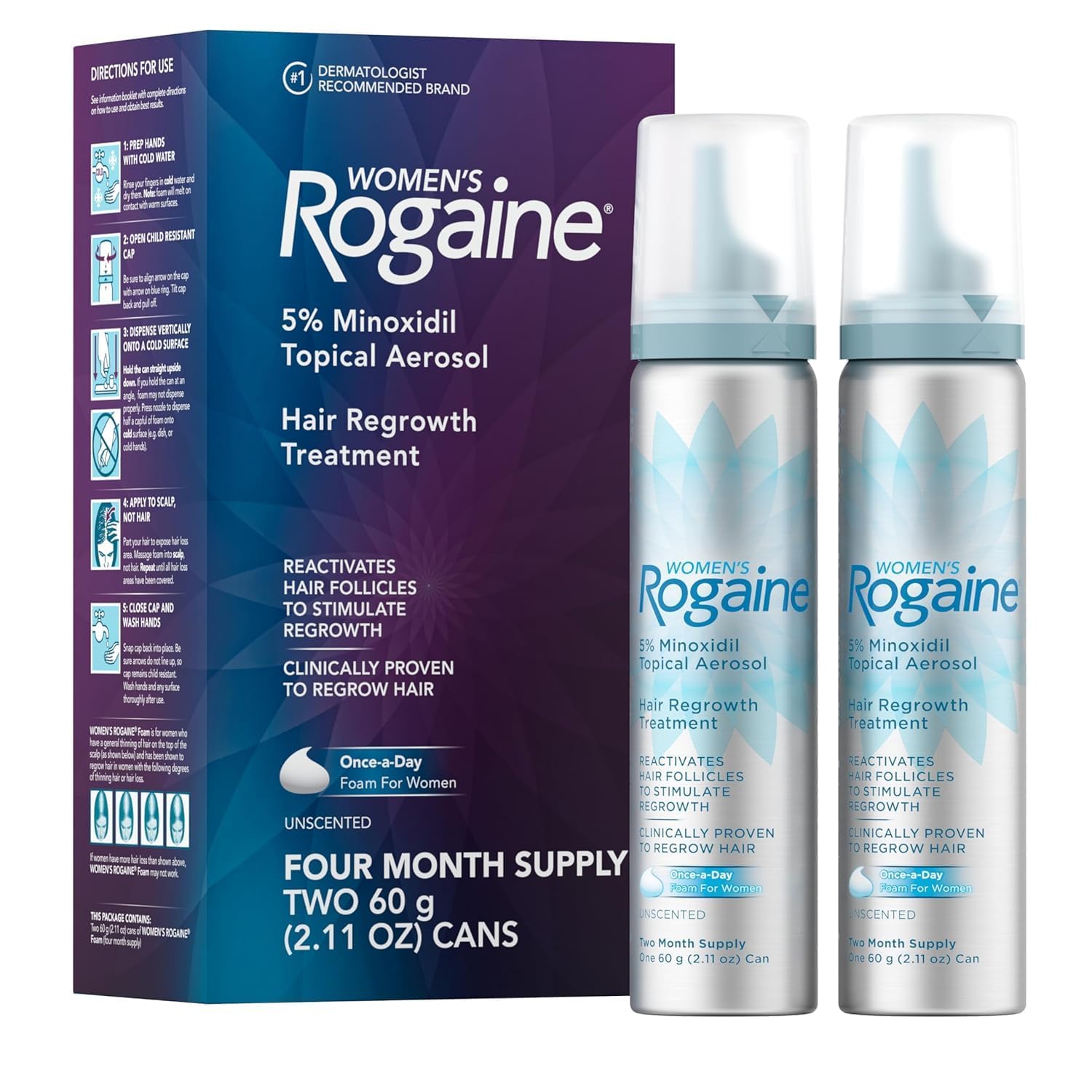 Showcases the product packaging along with the actual product cans to highlight the 4-month supply and communicate the clinical efficacy for hair regrowth.