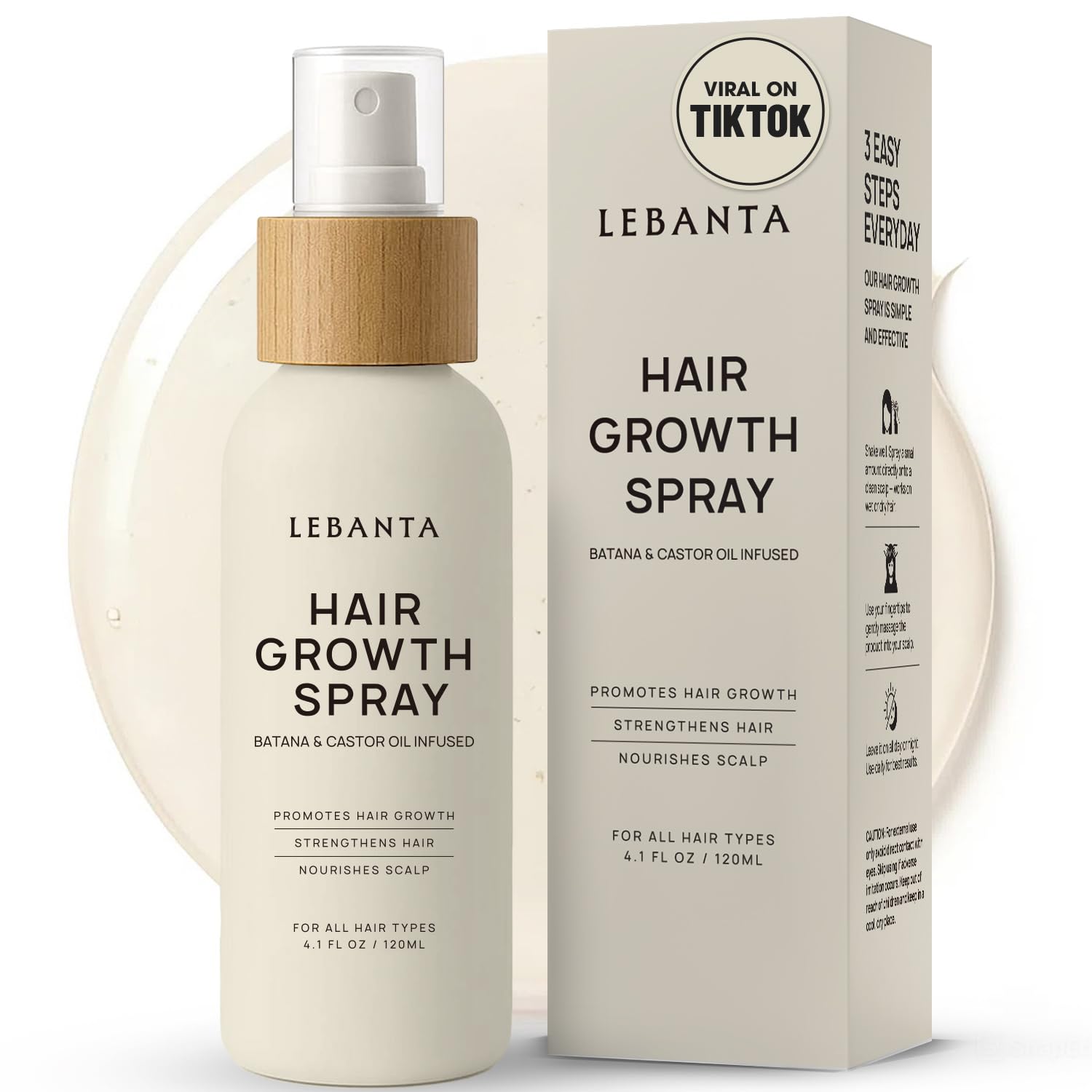 Showcases the product packaging and highlights key features like hair growth promotion, natural ingredients, and social media popularity.
