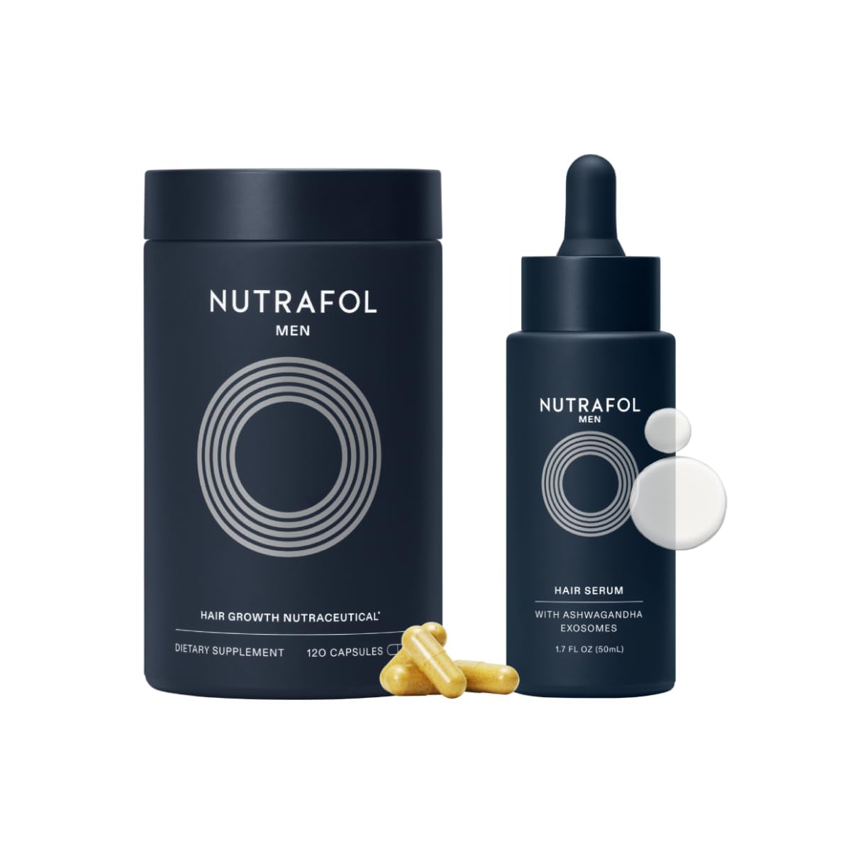 Showcases the complete hair growth system including the oral supplement capsules and topical serum, highlighting the two-part approach.