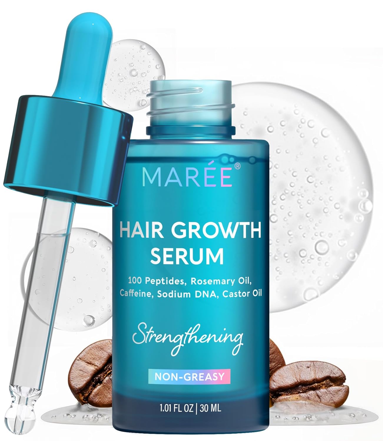 Showcases the product packaging and key ingredients/benefits to highlight its hair growth and non-greasy formulation.