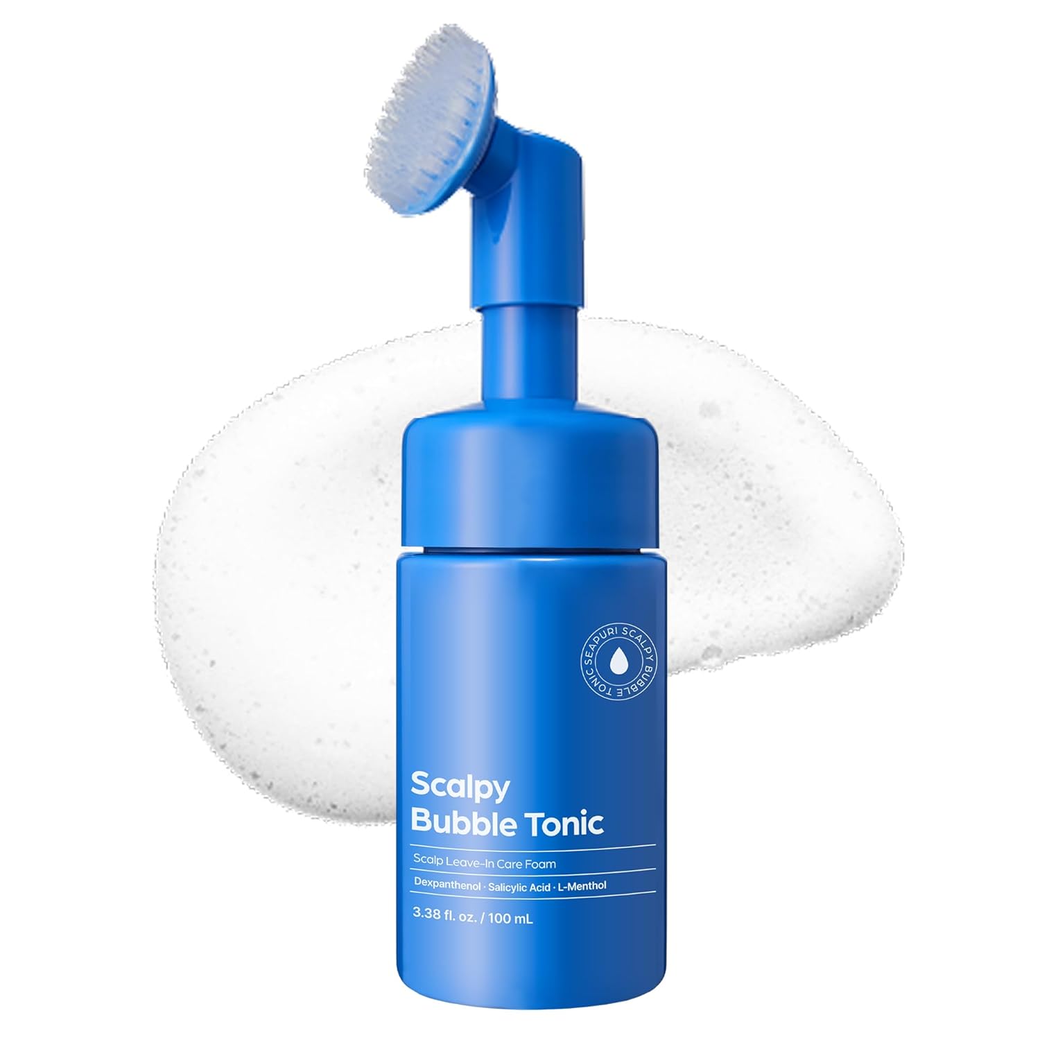 Showcases the product packaging and highlights its key features as a scalp care foam treatment.